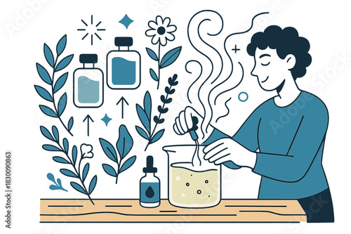 Artisanal Perfume Creation. Fragrance development in artisanal perfume shops. Perfume bottles floating above a wooden counter, with fragrant flowers and herbs