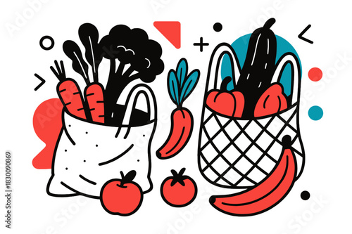 Eco-Friendly Grocery Artistry. Eco-Friendly Shopping Hauls. Grocery haul of fresh fruits and vegetables in reusable bags with floating abstract geometric