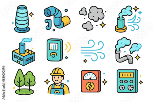Isometric Environmental Purification Icons. Environmental purification. Colorful isometric vector icons set of environmental purification: air filter tower,