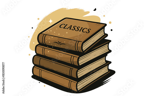 Antique Book Glow. Antique Books. A stack of weathered books glows under soft light; golden dust motes float around the spines. The top cover reads ?CLASSICS?