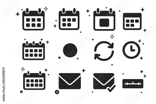 Calendar Icons Grid. Calendar and Scheduling. Solid icons set of Calendar and Scheduling: wall calendar, desk calendar, date tile, weekly planner, monthly