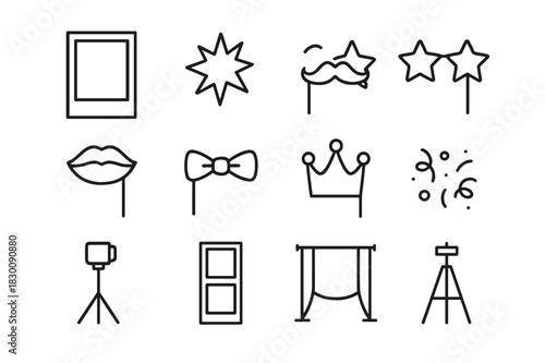 Photo Booth Icons. Photo Booth Fun. Line icon set of Photo Booth Fun: photo frame, camera flash, prop mustache, star glasses, lips prop, bow tie prop, crown