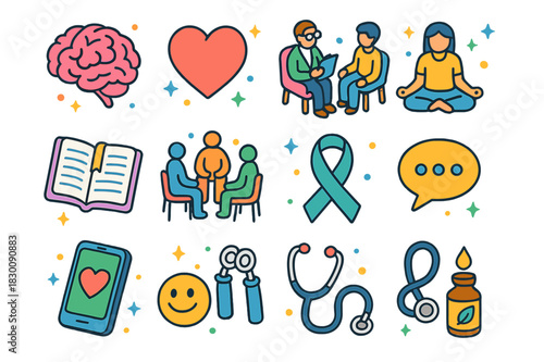 Mental Wellness Icons. Mental wellness. Colorful isometric vector icons set of mental wellness: brain, heart, therapist, counseling session, mindfulness