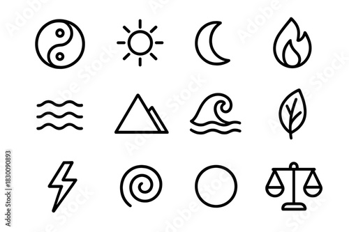 Spiritual Symbols Set. Spiritual balance. Line icon set of spiritual balance: yin-yang symbol, sun, moon, fire, water, mountain, ocean wave, leaf, lightning