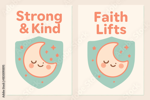 Kawaii Moon Banners. Gentle Might. Two vertical A6 banners with safe margins, centered composition, no elements touching edges, kawaii, coral and teal, smiling