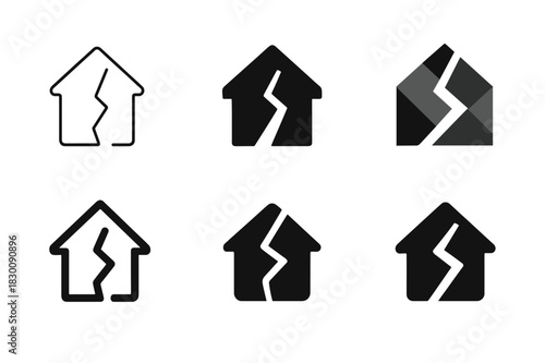 Property Damage Logos. Property damage risk. Set Logo of Property damage risk: house with fracture line. harmonious logo variations of the same emblematic