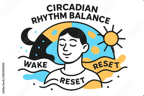 Circadian Rhythm Harmony. Circadian Rhythm Balance. A sunrise clock arcs from night to day behind a calm face; ?Wake ? Rest ? Reset? floats in rhythm lines.