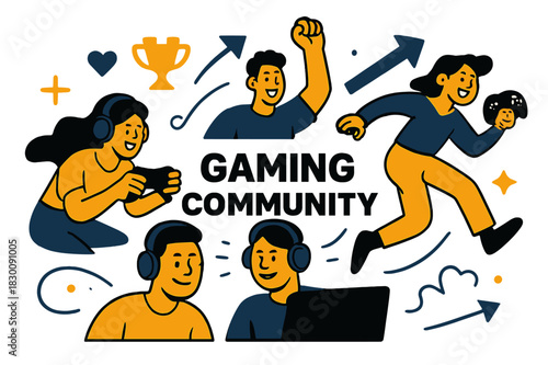 Virtual Gaming Unity. Gaming community. Players united, virtual worlds, exciting challenges. Modern flat vector scene with expressive, stylized characters in