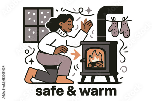 Cozy Winter Shelter. Keeper of the Hearth ? Winter Shelter. Snow taps the window while the stove glows; mittens dry on a simple line. Caption ?safe & warm?.