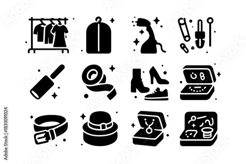 Wardrobe Icon Set. Wardrobe Styling. Solid icons set of Wardrobe Styling: clothing rack, garment bag, steamer, pins and clips, lint roller, tape,