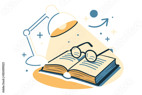 Antique Book Nook. Antique Books ? Study Lamp. Warm light spills over a thick tome; spectacles rest neatly on a half-open chapter. Shadow forms a perfect oval