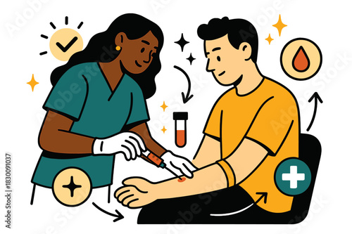 Dynamic Blood Testing Scene. Blood test. Phlebotomist collecting blood sample from patient with abstract floating icons, arrows, and sparkles; emphasizes