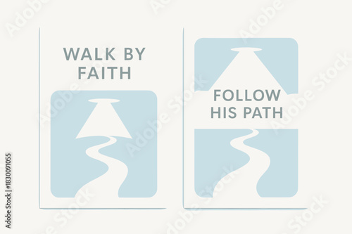 Faith Journey Banners. Faith Journey. Two vertical A6 banners with safe margins, centered composition, no elements touching edges, minimal, white and sky blue,