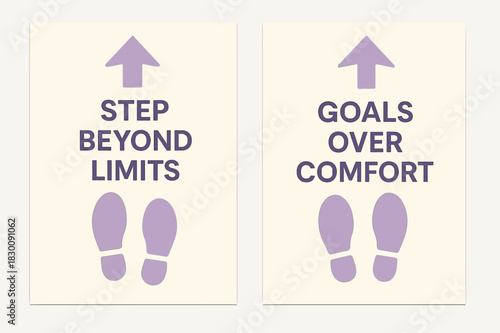 Step Beyond Goals. Step beyond limits. Two vertical A6 banners with safe margins, centered composition, no elements touching edges, minimal, lavender and