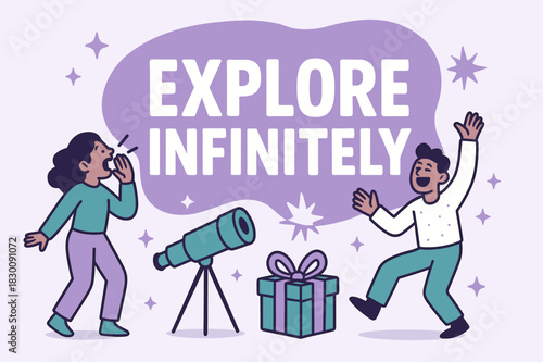 Vibrant Exploration Banner. Explore infinitely banner, flat vector illustration, bold oversized text inside rounded blob, cartoon characters shouting and