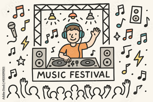 Vibrant Festival Beats. Music festival. A DJ performing at a music festival. Hand-drawn doodle illustration A DJ performing at a music festival, colored