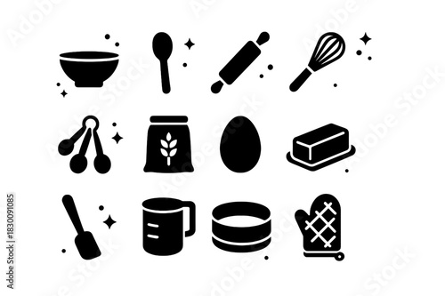 Baking Icons Collection. Baking Essentials. Solid icons set of Baking Essentials: mixing bowl, wooden spoon, rolling pin, whisk, measuring spoons, flour bag,