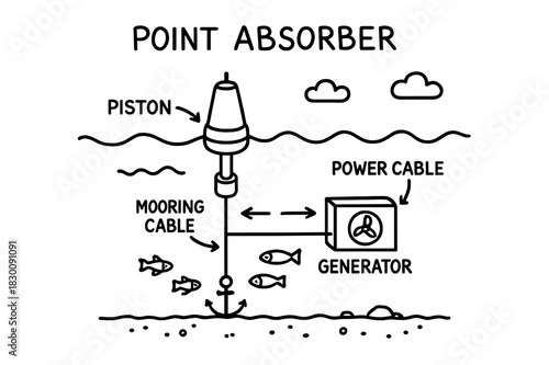 Point Absorber Illustration. Point absorber. Hand-drawn doodle illustration point absorber buoy, piston, wave line, mooring cable, anchor, seabed, power cable,