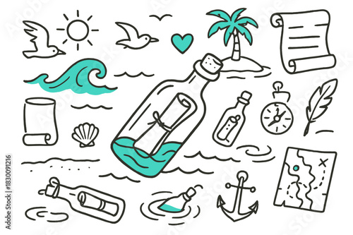 Ocean Message Doodle. // Message in a bottle. Hand-drawn doodle illustration message in a bottle [bottle with note (accented), ocean wave (accented), seagull,