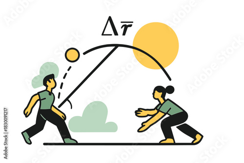Projectile Motion Illustration. Projectile Motion Path. A ball arcs across air while a single vector shows direct displacement between start and landing. ??r?