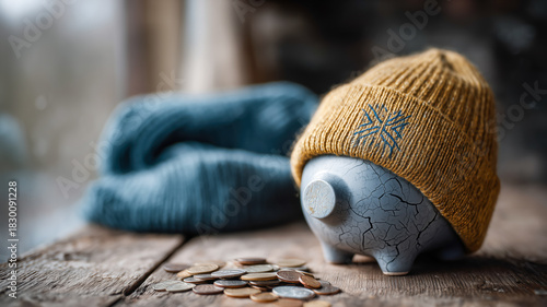 Cracked piggy bank with a yellow knit cap and pile of coins on a wooden table, suggesting financial difficulties during winter.