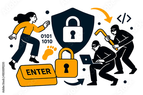 Cybersecurity Battle Scene. ENTER to Cybersecurity. Locks and shields protecting data, hackers trying to breach the system, digital footprints and coding