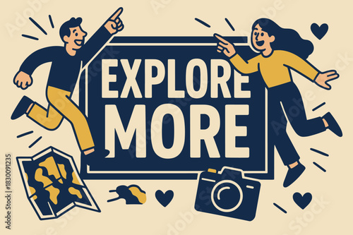 Explore Together Banner. Explore more banner, flat vector illustration, bold oversized text inside rectangular frame, cartoon characters pointing and jumping,