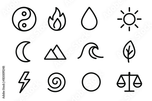 Duality Symbol Grid. Duality symbols. Line icon set of duality symbols: yin-yang symbol, fire, water, sun, moon, mountain, ocean wave, leaf, lightning bolt,