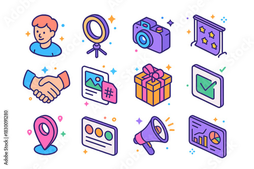 Influencer Meetup Icons. Influencer meetup. Colorful isometric vector icons set of Influencer meetup: creator avatar, ring light, vlog camera,