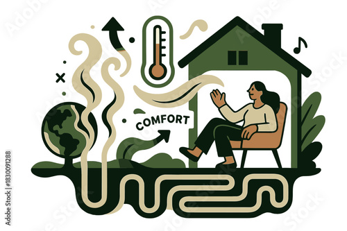 Geothermal Comfort Home. Geothermal heating & power. Steam curls from earth-shaped vents into a cozy home; a thermometer slides to ?Comfort?. Pipes snake like