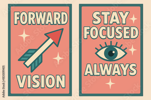 Retro Vision Banners. Forward vision. Two vertical A6 banners with safe margins, centered composition, no elements touching edges, retro, pink and teal,