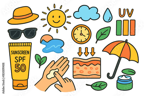 Sunscreen Essentials. Sunscreen Protection. Colorful Hand-drawn doodle Children illustration Sunscreen Protection lotion tube, SPF label, hat, sunglasses, sun,