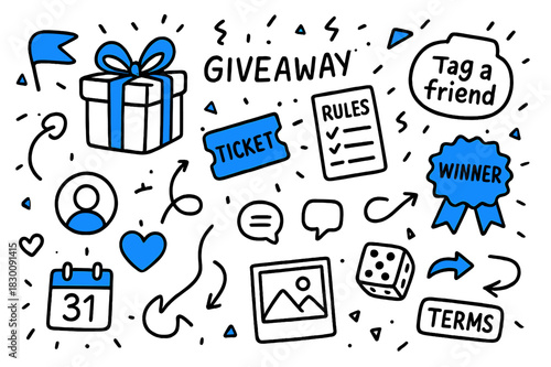 Giveaway Campaign Icons. // Giveaway campaign. Hand-drawn doodle illustration giveaway campaign [gift box with bow (accented), entry ticket (accented), rules