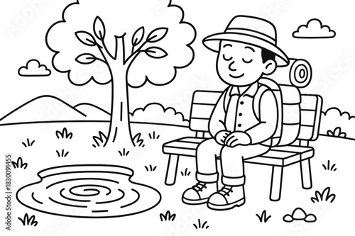 Traveler's Peaceful Rest. Peaceful reflection stop children?s coloring book illustration, outlined drawing, a traveler sitting calmly on a bench under a tree