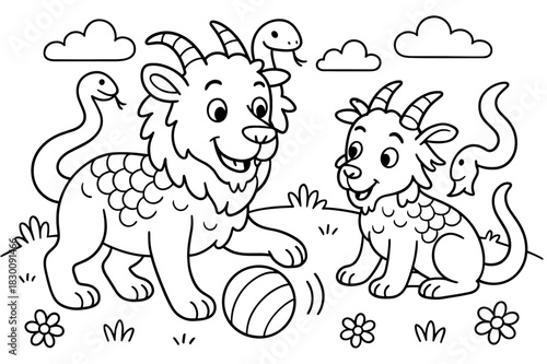 Chimera Playtime Coloring. Mythical creature family children?s coloring book illustration, outlined drawing, a chimera parent and a baby chimera playing with a