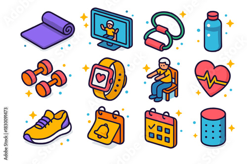 Senior Fitness Icons. Home fitness for seniors. Colorful isometric vector icons set of Home fitness for seniors: exercise mat, TV workout screen, resistance