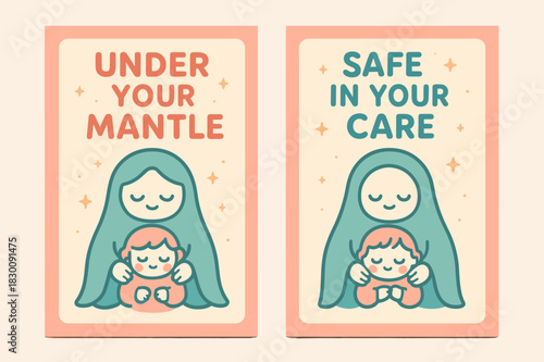Tender Protector Banners. Tender Protector. Two vertical A6 banners with safe margins, centered composition, no elements touching edges, kawaii, coral and