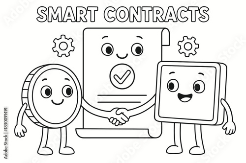 Smart Contracts Coloring. Smart contracts children?s coloring book illustration, outlined drawing, two friendly characters shaking hands beside a big document