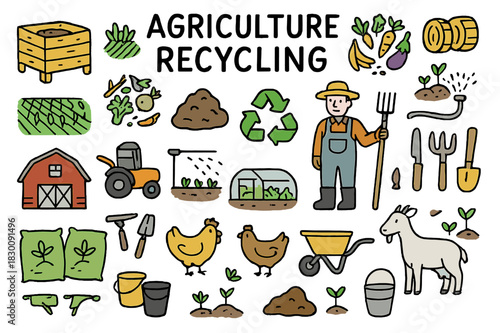 Agriculture Recycling Doodles. Agriculture recycling. Hand-drawn doodle illustration compost bin (colored), farm field (colored), crop residues (colored),