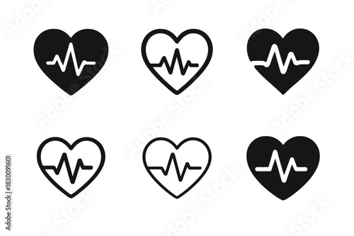 Heart Rate Logos. Heart rate monitoring. Set Logo of Heart rate monitoring: pulse waveform within heart. harmonious logo variations of the same emblematic