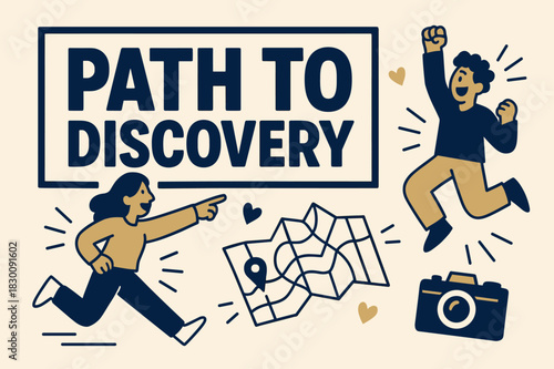Path to Discovery. Path to discovery banner, flat vector illustration, bold oversized text inside rectangular frame, cartoon characters pointing and jumping,
