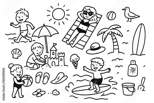 Beach Day Doodles. People enjoying a day at the beach. Hand-drawn doodle illustration people enjoying a day at the beach umbrella, beach towel, sunglasses,