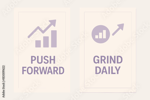 Motivational Banners. Push forward. Two vertical A6 banners with safe margins, centered composition, no elements touching edges, minimal, lavender and cream,
