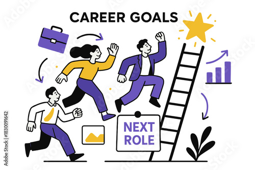 Career Vision Board. Vision Board ? Career Goals. A tidy ladder leans toward a glowing goal star; caption ?Next Role? pins to a card. Minimal briefcase and