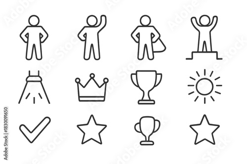 Victory Icons Set. Victory stance. Line icon set of victory stance: person standing tall, arms on hips, raised fist, confident stance, superhero silhouette,