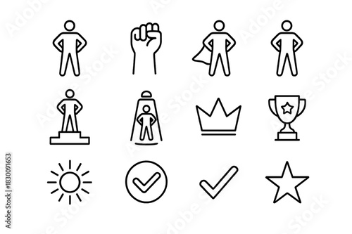 Power Pose Icons. Power pose. Line icon set of power pose: person standing tall, arms on hips, raised fist, confident stance, superhero silhouette, podium,