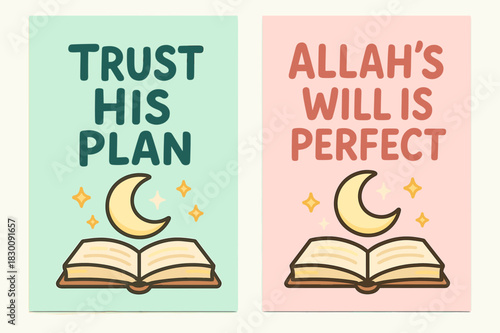 Trust in Allah. Perfect Plan. Two vertical A6 banners with safe margins, centered composition, no elements touching edges, cartoon, pastel mint and pink, open