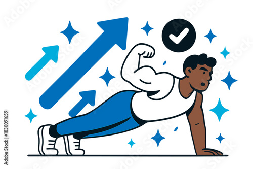 Dynamic Workout Inspiration. Workout motivation. Individual doing push-ups with abstract floating arrows, icons, and sparkles; conveys strength, determination,