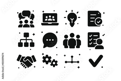 Team Collaboration Icons. Team Collaboration. Solid icons set of Team Collaboration: group chat, laptop screen, lightbulb, document share, workflow chart,