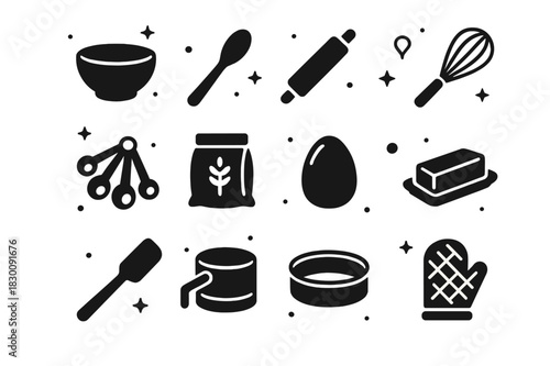 Baking Icons Set. Baking Essentials. Solid icons set of Baking Essentials: mixing bowl, wooden spoon, rolling pin, whisk, measuring spoons, flour bag, egg,